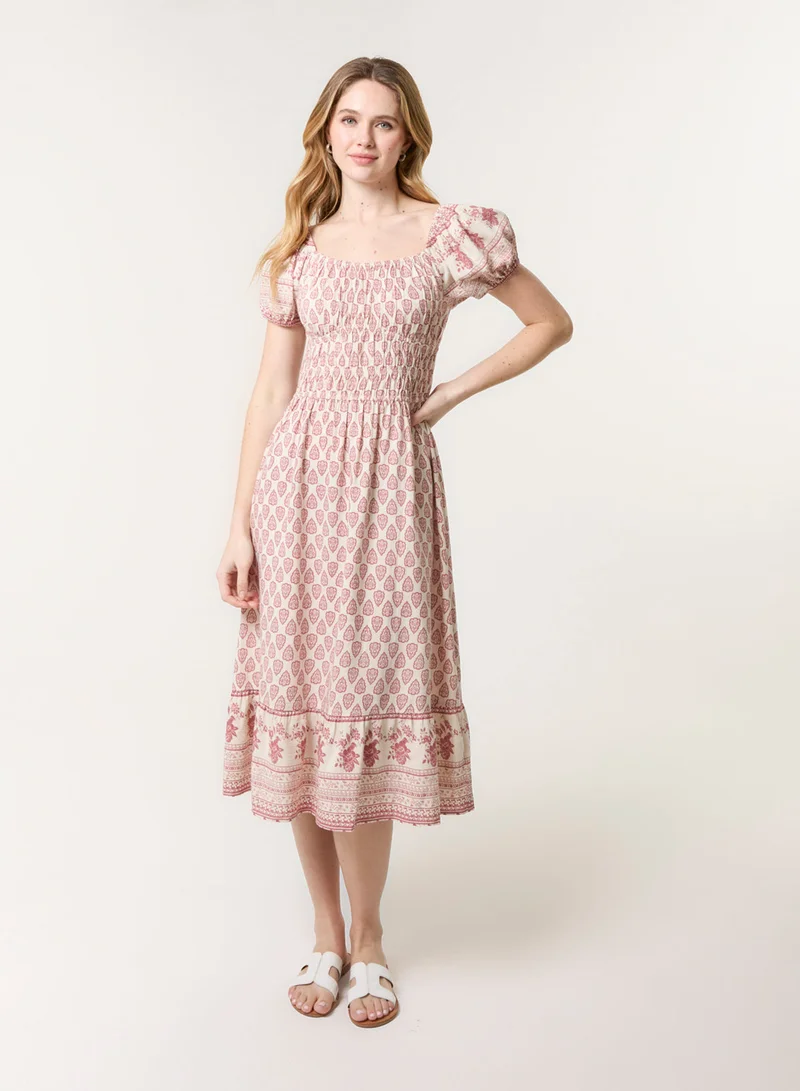 بلو فانيلا فستان ميدي بأكمام منتفخة وطبعة حدود