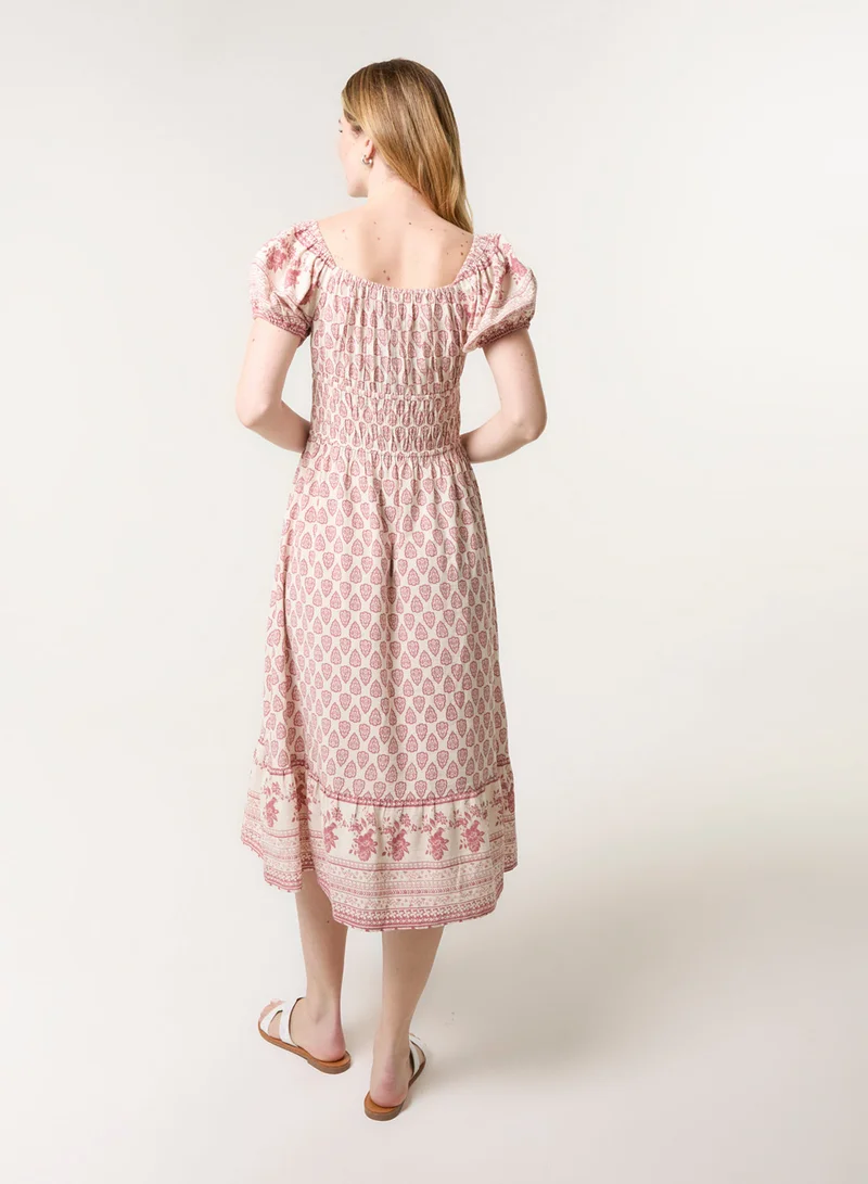 بلو فانيلا فستان ميدي بأكمام منتفخة وطبعة حدود