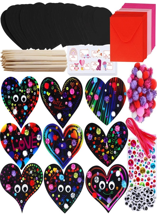 windiy 27 Sets Magic Color Scratch Paper Heart Ornaments Bookmarks Valentine Craft Kits Scratch Paper Heart Cutouts Pom-poms Googly Eyes for Kids Activity Art Project Valentine Party Favor Tree Decoration - Image 1