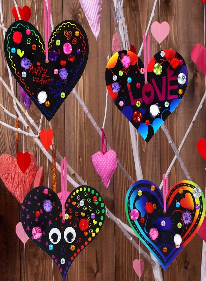 windiy 27 Sets Magic Color Scratch Paper Heart Ornaments Bookmarks Valentine Craft Kits Scratch Paper Heart Cutouts Pom-poms Googly Eyes for Kids Activity Art Project Valentine Party Favor Tree Decoration - Image 2