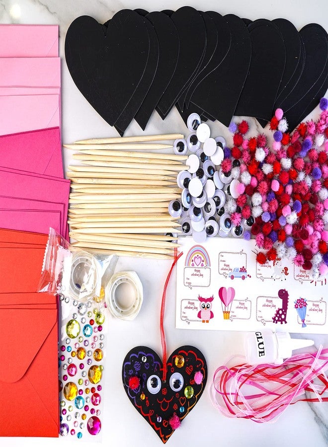 windiy 27 Sets Magic Color Scratch Paper Heart Ornaments Bookmarks Valentine Craft Kits Scratch Paper Heart Cutouts Pom-poms Googly Eyes for Kids Activity Art Project Valentine Party Favor Tree Decoration - Image 3