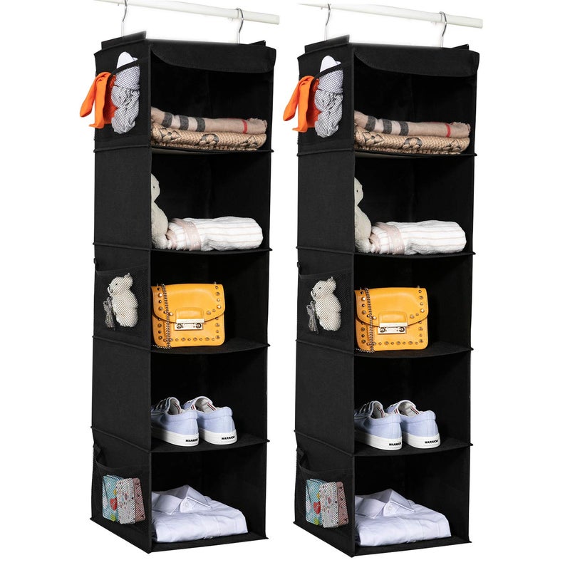 BrilliantJo 2 Pack Hanging Closet Organizer 5 Shelves Hanging Storage with 6 Side Pockets for Clothes Shoes 43x12x12Black
