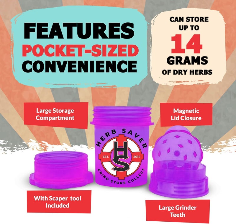 HS Large HerbSaver Grinder- Medical Grade Plastic Grinder with Razor Sharp Teeth, Pocket-Sized, Durable & Portable - Ideal for Grinding Herbs and Spices (Purple) - Image 3
