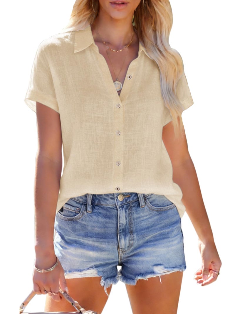 Aoudery Linen Shirts for Women Short Sleeve Button Down Shirts Casual Solid Blouse Vacation Beach Summer Tops Concert Outfit - Apricot M - Image 1