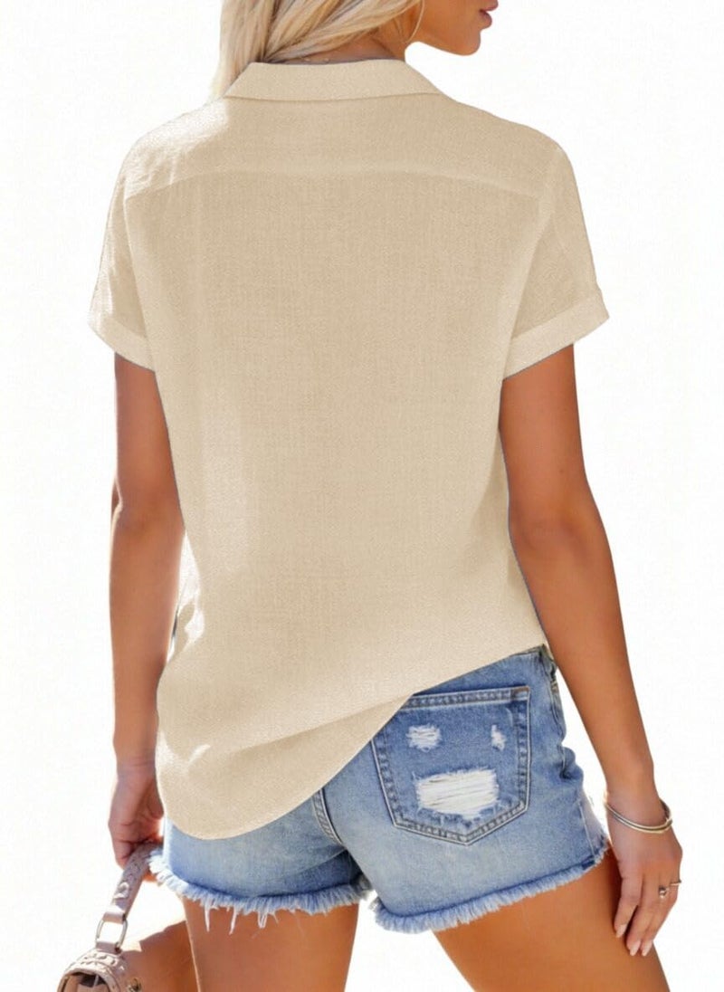 Aoudery Linen Shirts for Women Short Sleeve Button Down Shirts Casual Solid Blouse Vacation Beach Summer Tops Concert Outfit - Apricot M - Image 2