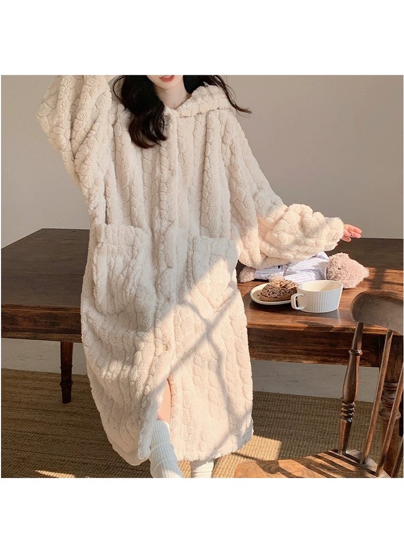 تابيت المرأة مكبوسة دافئة الشعاب المرجانية الصوف رداء، منتصف الطول فستان المنزل فستان ليلي، بلش سميكة الخريف الشتاء المنزل ملابس النوم (بيج، مناسبة ل 40-80 كجم) - Image 5