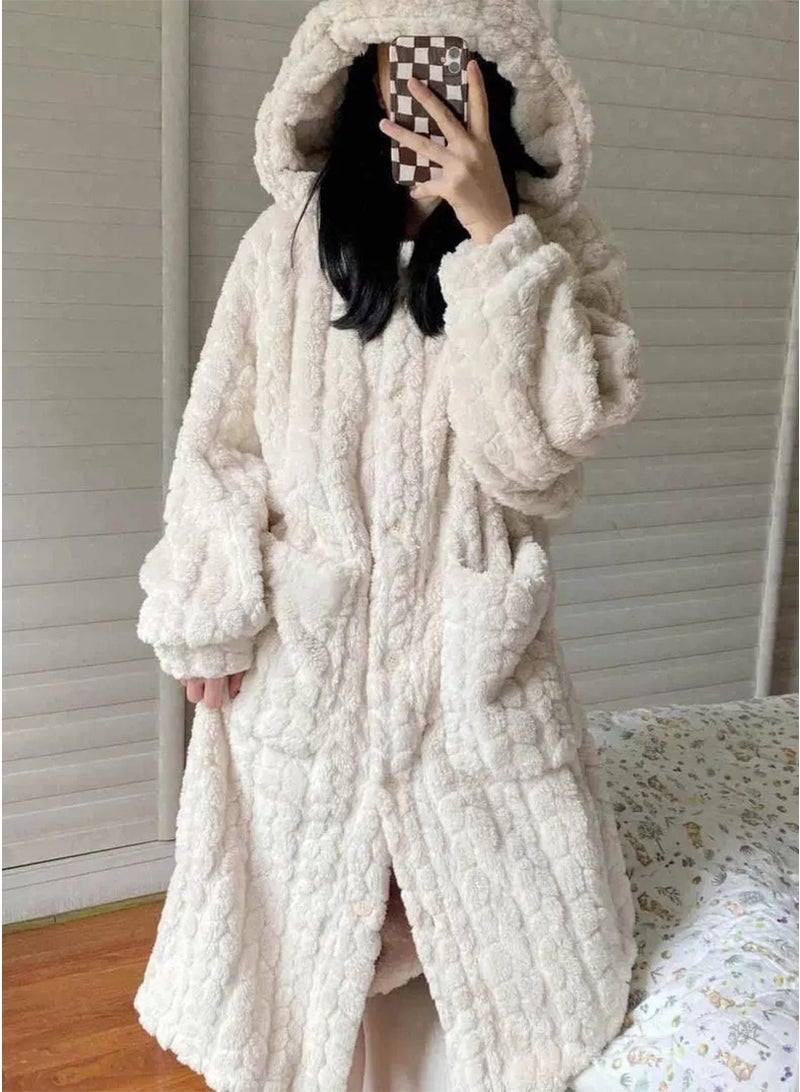 تابيت المرأة مكبوسة دافئة الشعاب المرجانية الصوف رداء، منتصف الطول فستان المنزل فستان ليلي، بلش سميكة الخريف الشتاء المنزل ملابس النوم (بيج، مناسبة ل 40-80 كجم) - Image 2