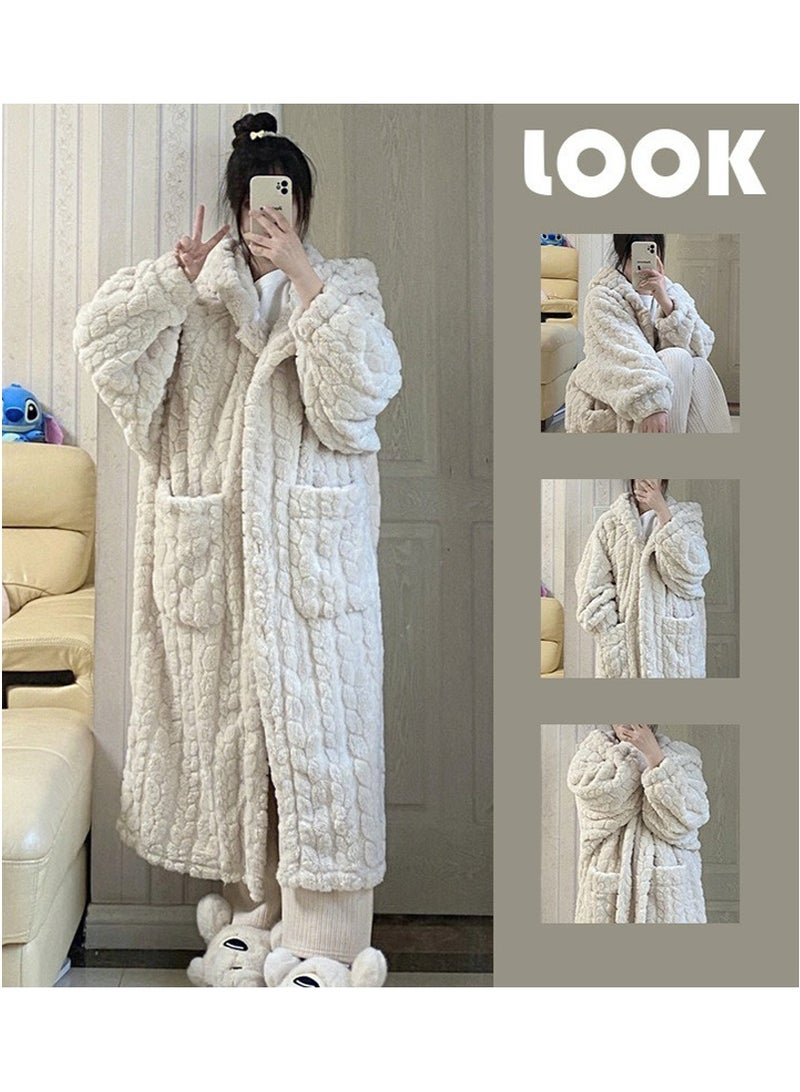 تابيت المرأة مكبوسة دافئة الشعاب المرجانية الصوف رداء، منتصف الطول فستان المنزل فستان ليلي، بلش سميكة الخريف الشتاء المنزل ملابس النوم (بيج، مناسبة ل 40-80 كجم) - Image 1
