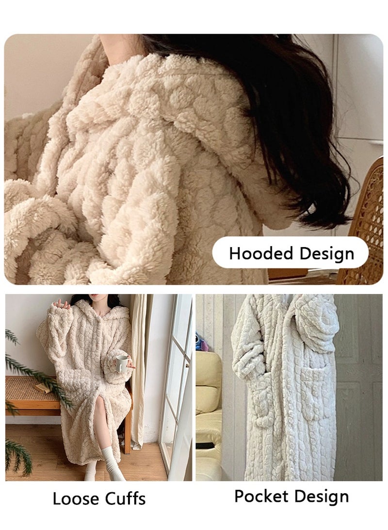 تابيت المرأة مكبوسة دافئة الشعاب المرجانية الصوف رداء، منتصف الطول فستان المنزل فستان ليلي، بلش سميكة الخريف الشتاء المنزل ملابس النوم (بيج، مناسبة ل 40-80 كجم) - Image 3