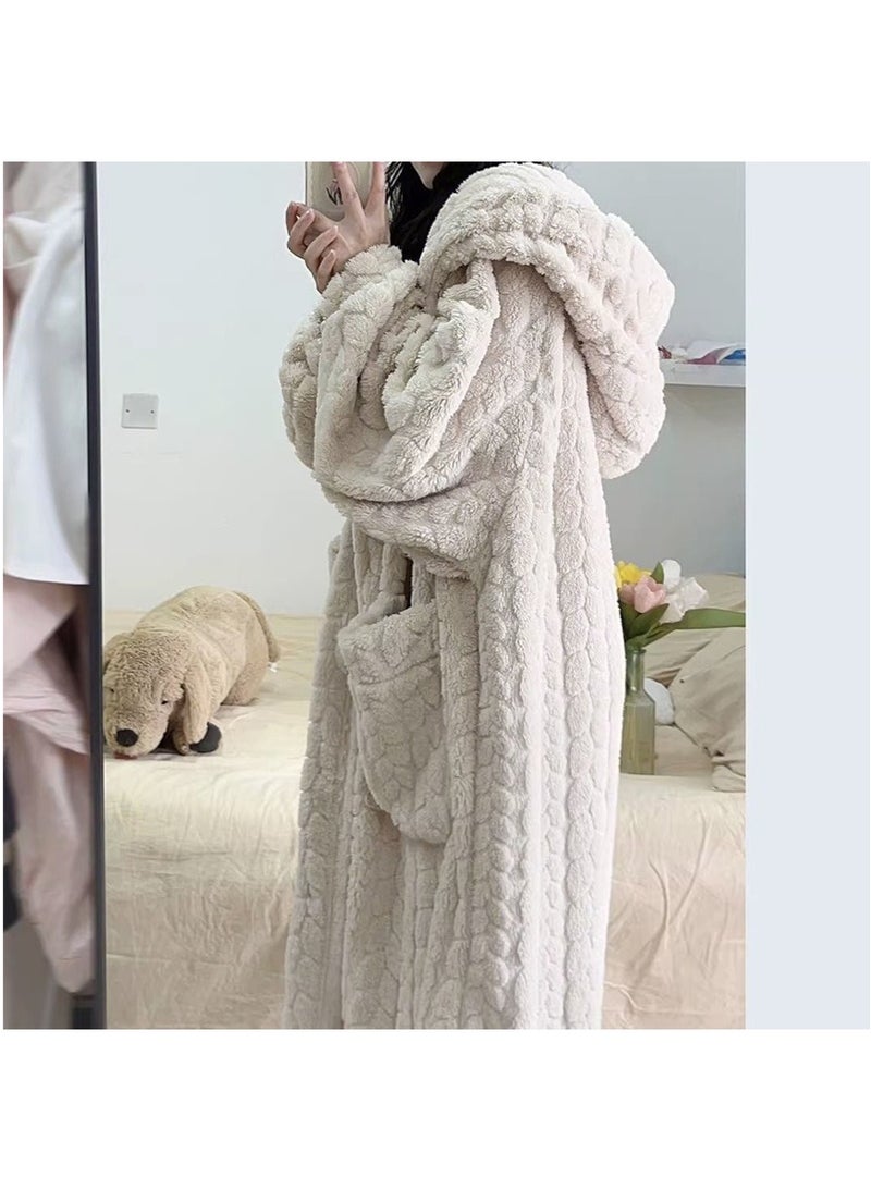 تابيت المرأة مكبوسة دافئة الشعاب المرجانية الصوف رداء، منتصف الطول فستان المنزل فستان ليلي، بلش سميكة الخريف الشتاء المنزل ملابس النوم (بيج، مناسبة ل 40-80 كجم) - Image 4