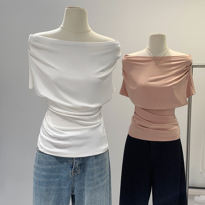2025 Elegant French Style Girl Slant Shoulder Short-Sleeved T-Shirt Women'S Tight Waist Pleated Slim-Fit Slimming Dew - Image 3