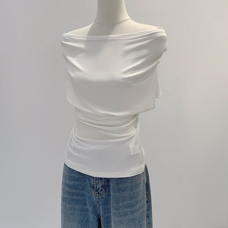 2025 Elegant French Style Girl Slant Shoulder Short-Sleeved T-Shirt Women'S Tight Waist Pleated Slim-Fit Slimming Dew - Image 1