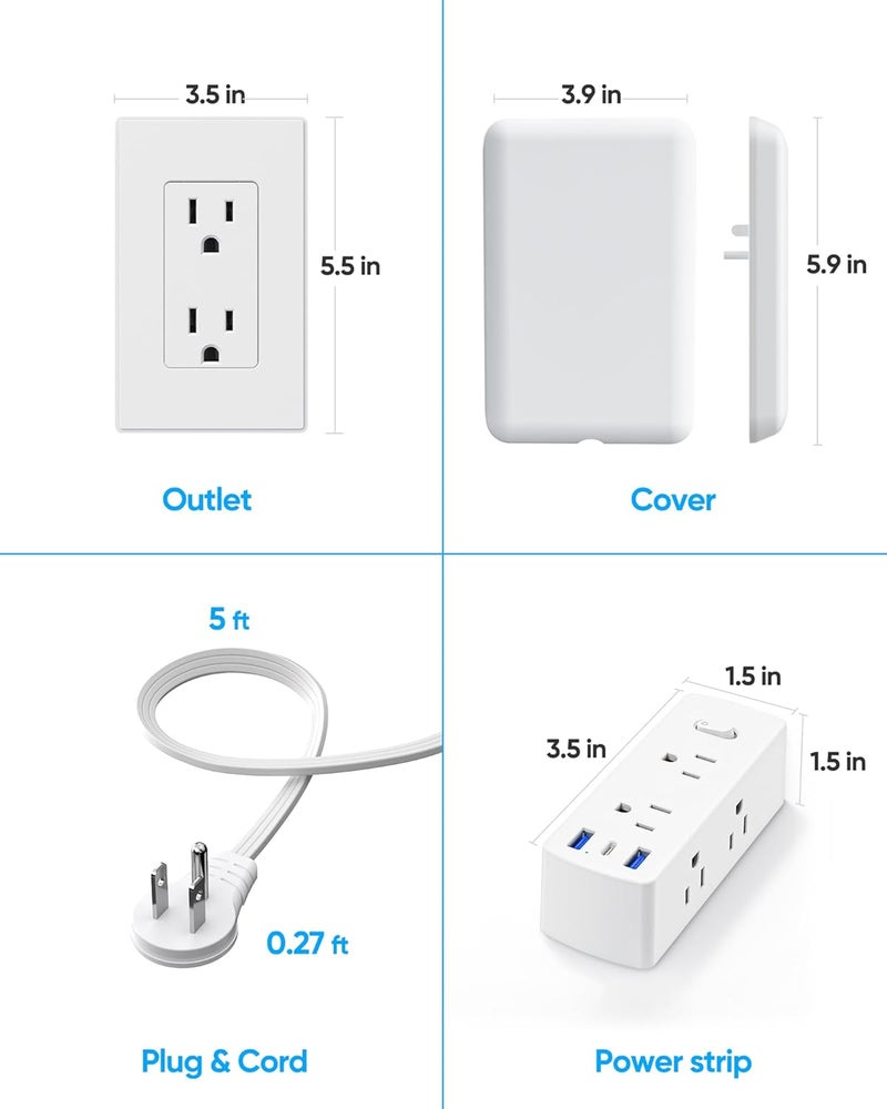 olcorife سلك تمديد مسطح مع غطاء مأخذ، شريط طاقة مسطح من مع 6 مخارج و 3 منافذ USB، واقي من زيادة التيار بقوة 2000 جول، سلك بطول 10 أقدام، موسع مأخذ مخفي للمساحات الضيقة - Image 5