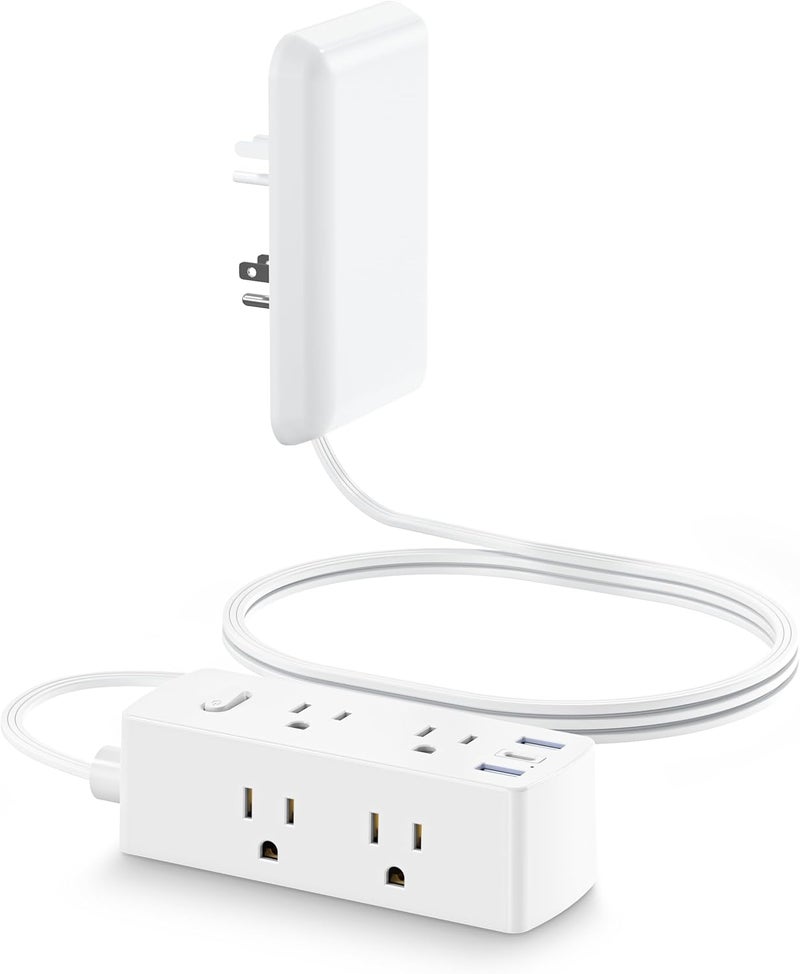 olcorife سلك تمديد مسطح مع غطاء مأخذ، شريط طاقة مسطح من مع 6 مخارج و 3 منافذ USB، واقي من زيادة التيار بقوة 2000 جول، سلك بطول 10 أقدام، موسع مأخذ مخفي للمساحات الضيقة - Image 1