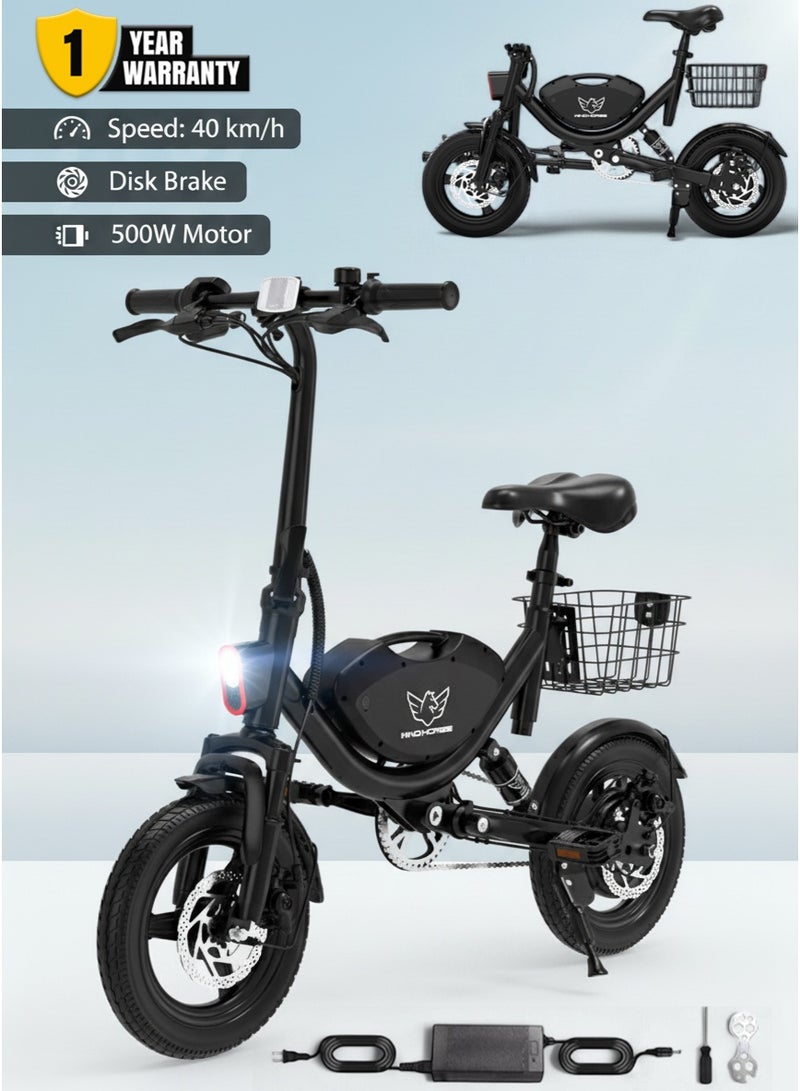 Wind Horse Electric Bike for Adults 500W Brushless Hub Motor, 40 KMH Max Speed, 25-35 KM Range with 36V 8AH Battery, 14 Inches Tires with Dual Suspension and Disc Brakes, Lightweight Carbon Alloy Frame, Urban Commuter E-Bike with Basket for Easy Storage and Transport - Image 1