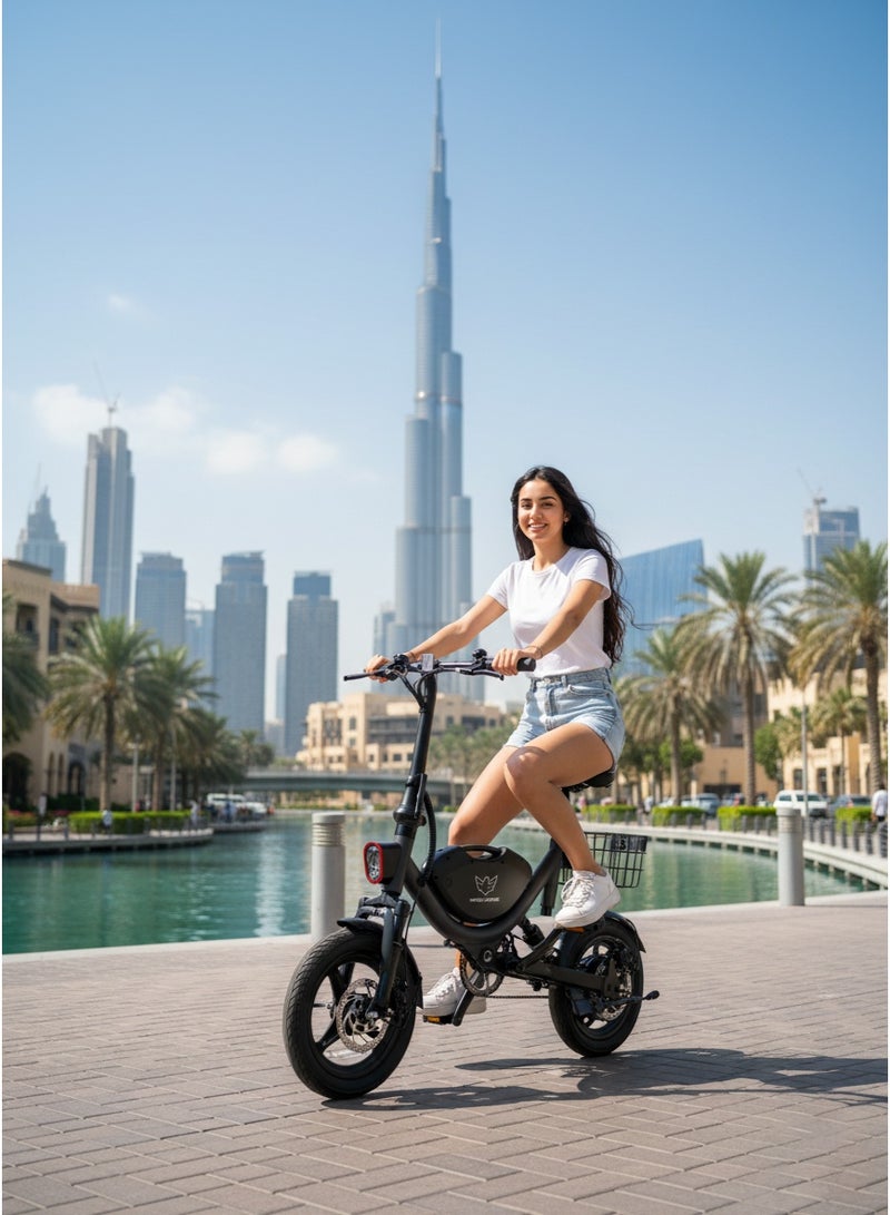 Wind Horse Electric Bike for Adults 500W Brushless Hub Motor, 40 KMH Max Speed, 25-35 KM Range with 36V 8AH Battery, 14 Inches Tires with Dual Suspension and Disc Brakes, Lightweight Carbon Alloy Frame, Urban Commuter E-Bike with Basket for Easy Storage and Transport - Image 2