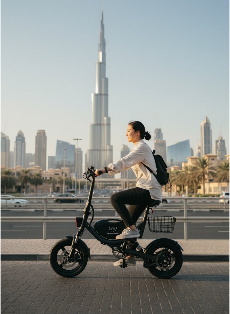 Wind Horse Electric Bike for Adults 500W Brushless Hub Motor, 40 KMH Max Speed, 25-35 KM Range with 36V 8AH Battery, 14 Inches Tires with Dual Suspension and Disc Brakes, Lightweight Carbon Alloy Frame, Urban Commuter E-Bike with Basket for Easy Storage and Transport - Image 3