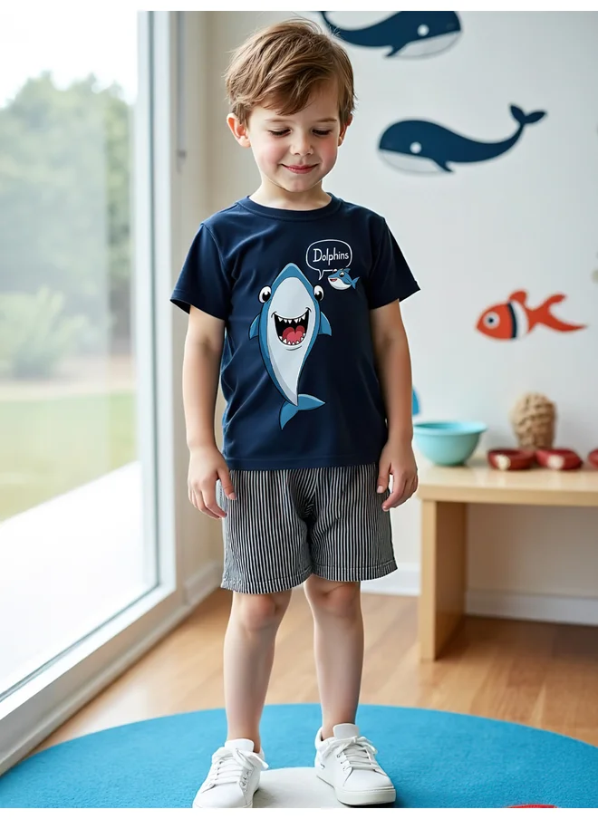 تايك تو Take Two Kids 2pcs Navy Blue Printed T-Shirt and Shorts Sets