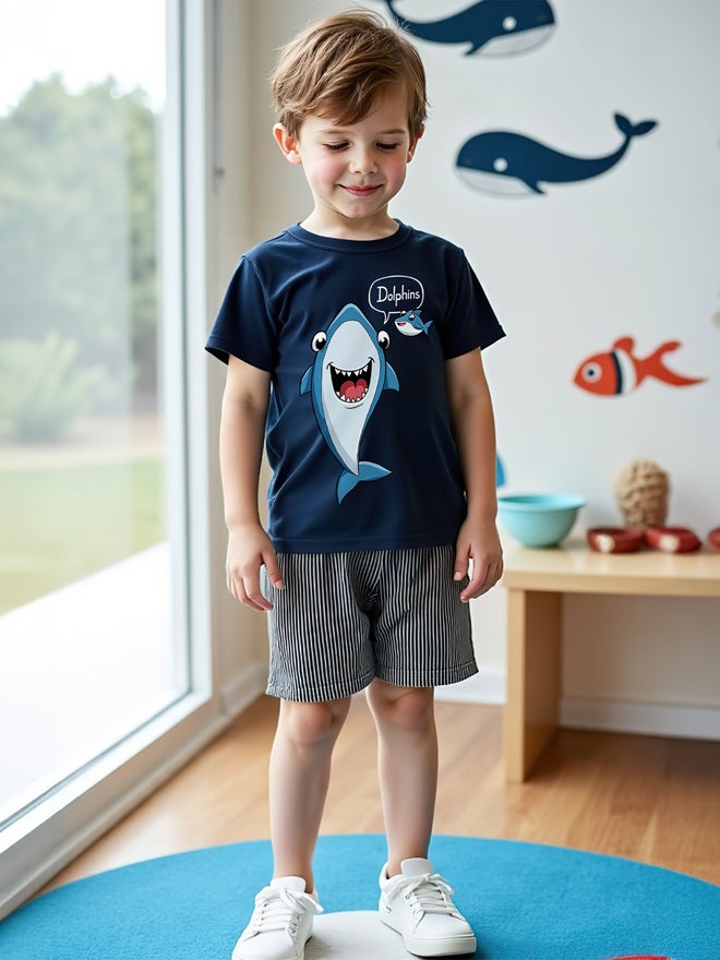 تايك تو طقم ولادي قطعتين تي شيرت وشورت بطبعة أزرق داكن - Image 1