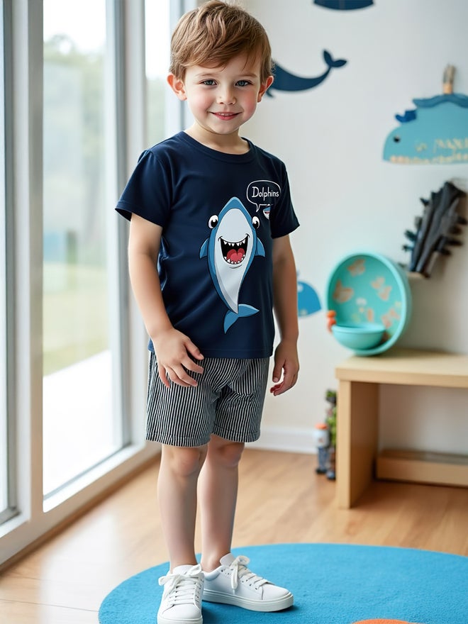 تايك تو طقم ولادي قطعتين تي شيرت وشورت بطبعة أزرق داكن - Image 4