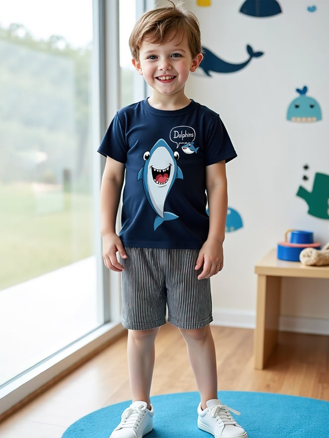 تايك تو طقم ولادي قطعتين تي شيرت وشورت بطبعة أزرق داكن - Image 3