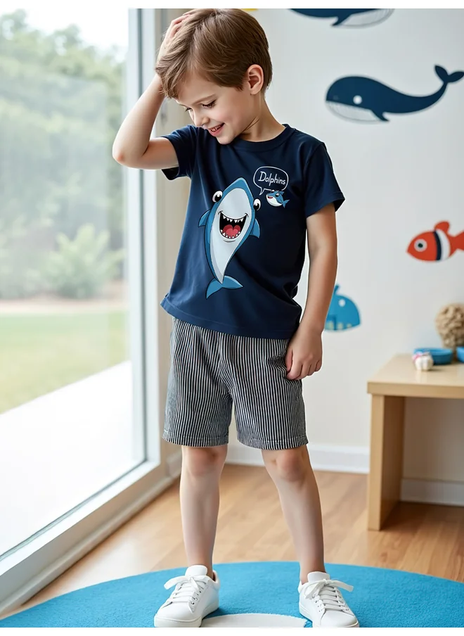 تايك تو Take Two Kids 2pcs Navy Blue Printed T-Shirt and Shorts Sets