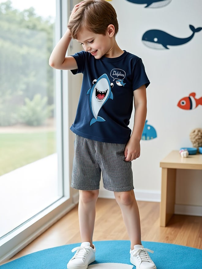 تايك تو طقم ولادي قطعتين تي شيرت وشورت بطبعة أزرق داكن - Image 2