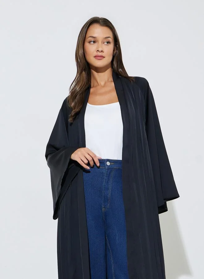 Amirah Black Solid Pleated Open Front Abaya
