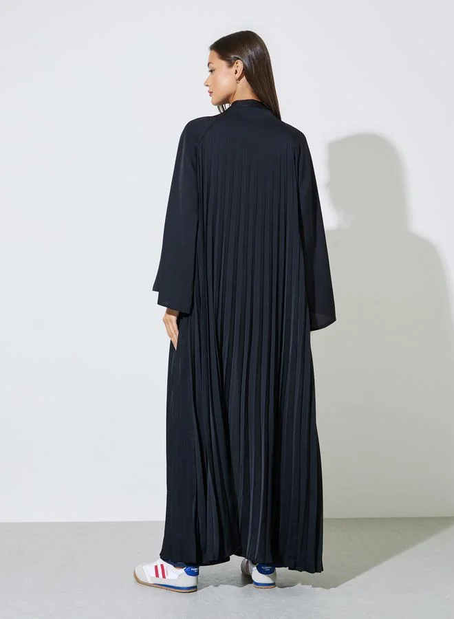 Amirah  Black Solid Pleated Open Front Abaya for Women | Best Price UAE