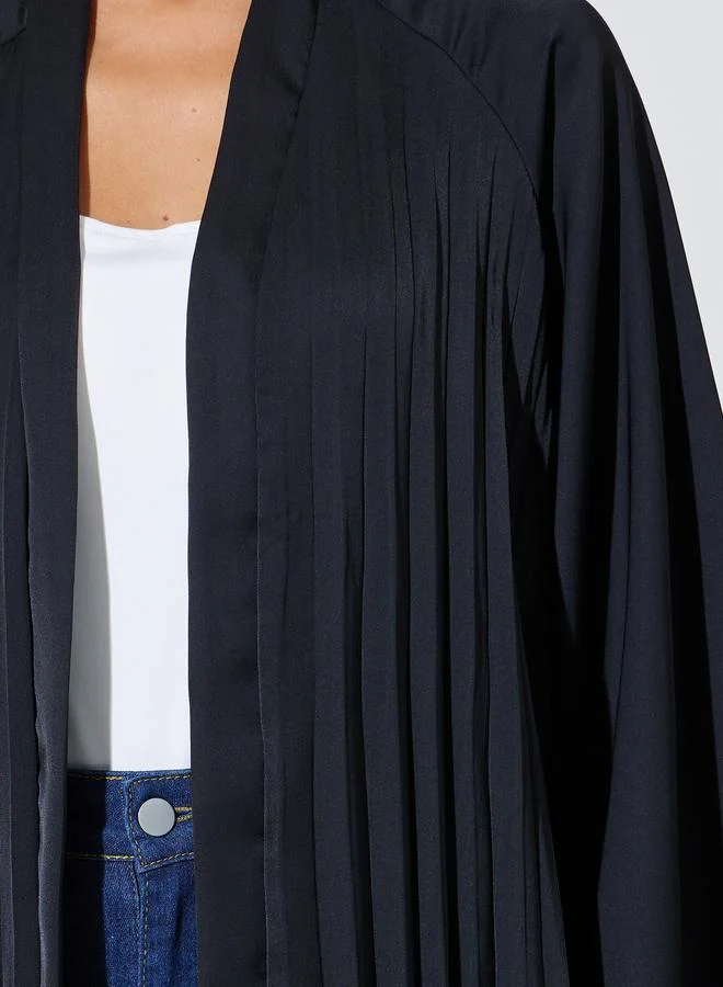 Amirah  Black Solid Pleated Open Front Abaya for Women | Best Price UAE