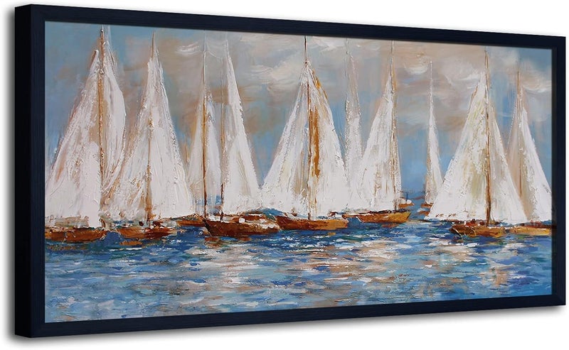 Pogusmavi Large White Sailboats Canvas Painting - Image 1