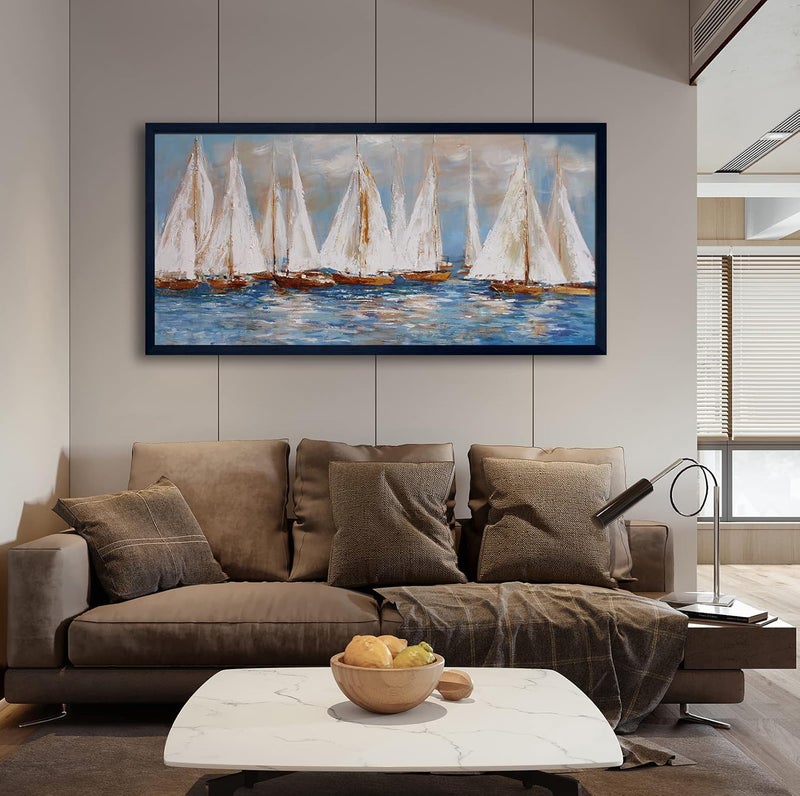 Pogusmavi Large White Sailboats Canvas Painting - Image 3