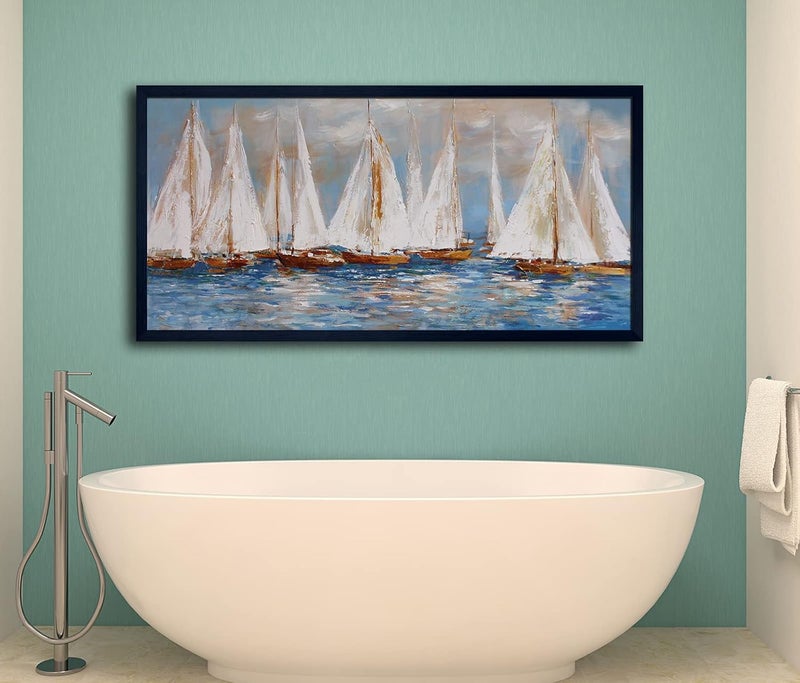 Pogusmavi Large White Sailboats Canvas Painting - Image 5