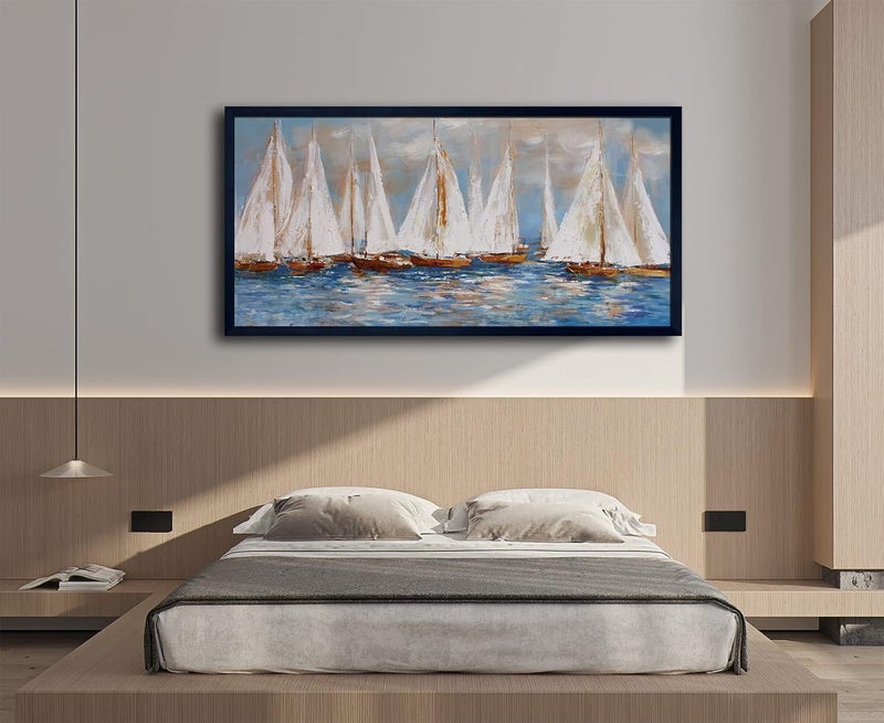 Pogusmavi Large White Sailboats Canvas Painting - Image 4