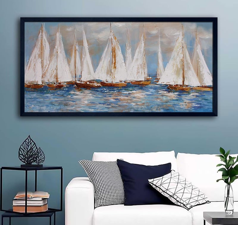 Pogusmavi Large White Sailboats Canvas Painting - Image 2