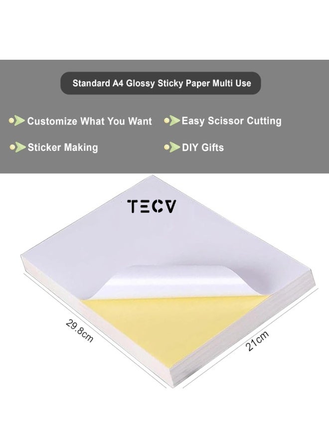 TecV A4 Sticker Paper 100 Sheets, Self-Adhesive Glossy White Sticker Printer Paper, Waterproof Double Layer for Inkjet/Laser Printer | Photo Paper, Shipping Labels, DIY, Office Use - Image 2