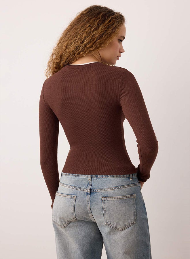 trendyol Brown Double Layer Bike Collar Ribbed Stretch Knit Blouse - Image 4