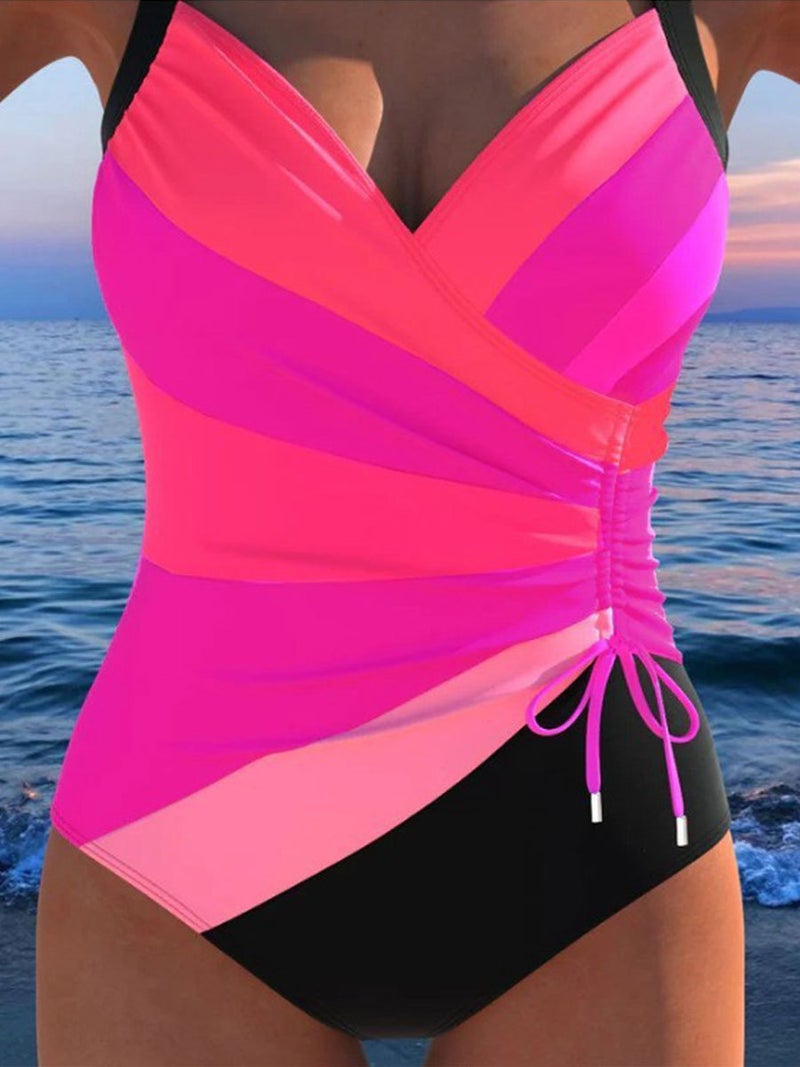Women's One-Piece Swimsuit with Striped Print for Beach Vacation