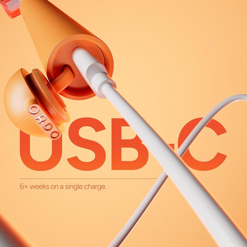 أوردو فرشاة أسنان كهربائية صوتية قابلة للشحن Sonic Edge للبالغين، فرشاة أسنان صوتية مدمجة مع USB-C، بطارية تدوم لأكثر من 6 أسابيع، غطاء سفر، رأس فرشاة واحد وكابل (شروق الخوخ) - Image 5