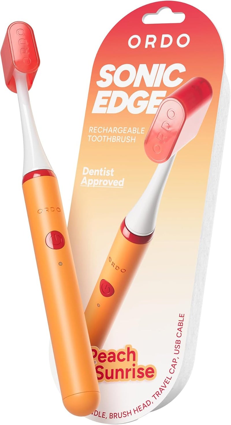 أوردو فرشاة أسنان كهربائية صوتية قابلة للشحن Sonic Edge للبالغين، فرشاة أسنان صوتية مدمجة مع USB-C، بطارية تدوم لأكثر من 6 أسابيع، غطاء سفر، رأس فرشاة واحد وكابل (شروق الخوخ) - Image 1