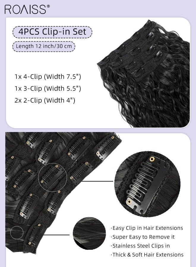roaiss 4 Pcs Clip in Curly Hair Extensions, Invisible Adjustable Medium Length Synthetic Heat Resistant Hairpieces for Women Girls, Natural Black, 30cm (20 inches) - Image 4