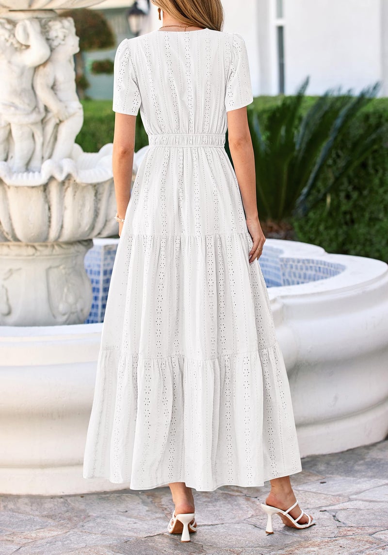 BTFBM Womens Summer Dresses 2026 V Neck Hollow Out Eyelet A Line Flowy Boho Beach Vacation Wedding Guest Maxi Dress(White, Small) - Image 3
