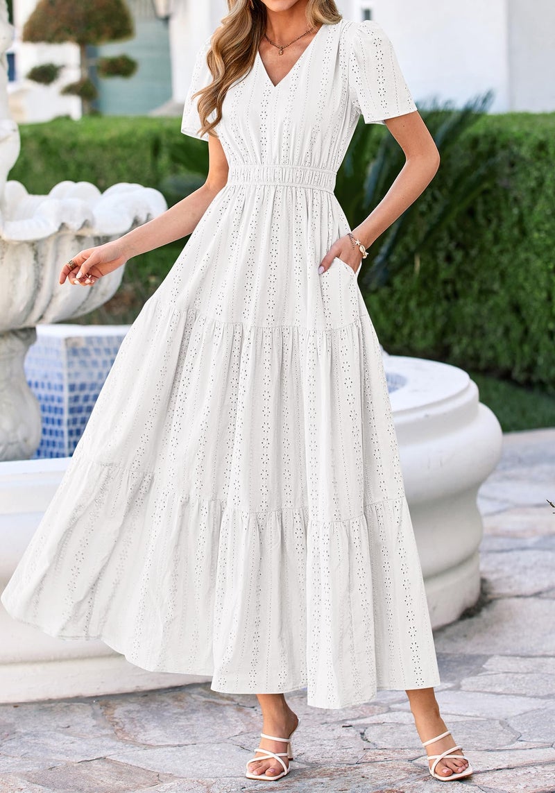 BTFBM Womens Summer Dresses 2026 V Neck Hollow Out Eyelet A Line Flowy Boho Beach Vacation Wedding Guest Maxi Dress(White, Small) - Image 4