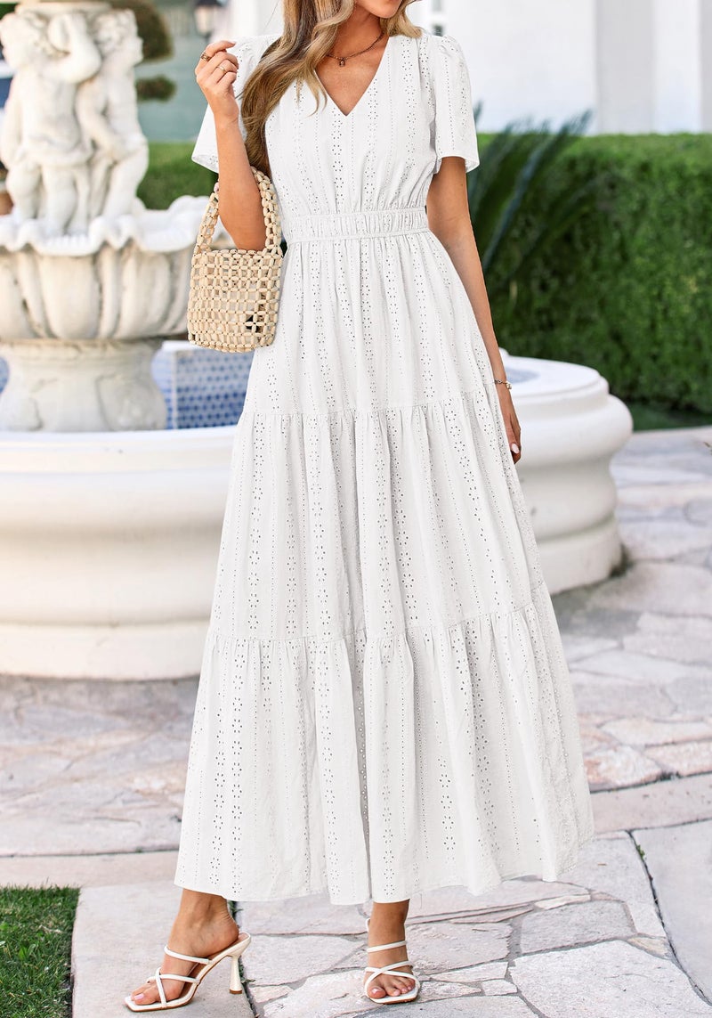 BTFBM Womens Summer Dresses 2026 V Neck Hollow Out Eyelet A Line Flowy Boho Beach Vacation Wedding Guest Maxi Dress(White, Small) - Image 2