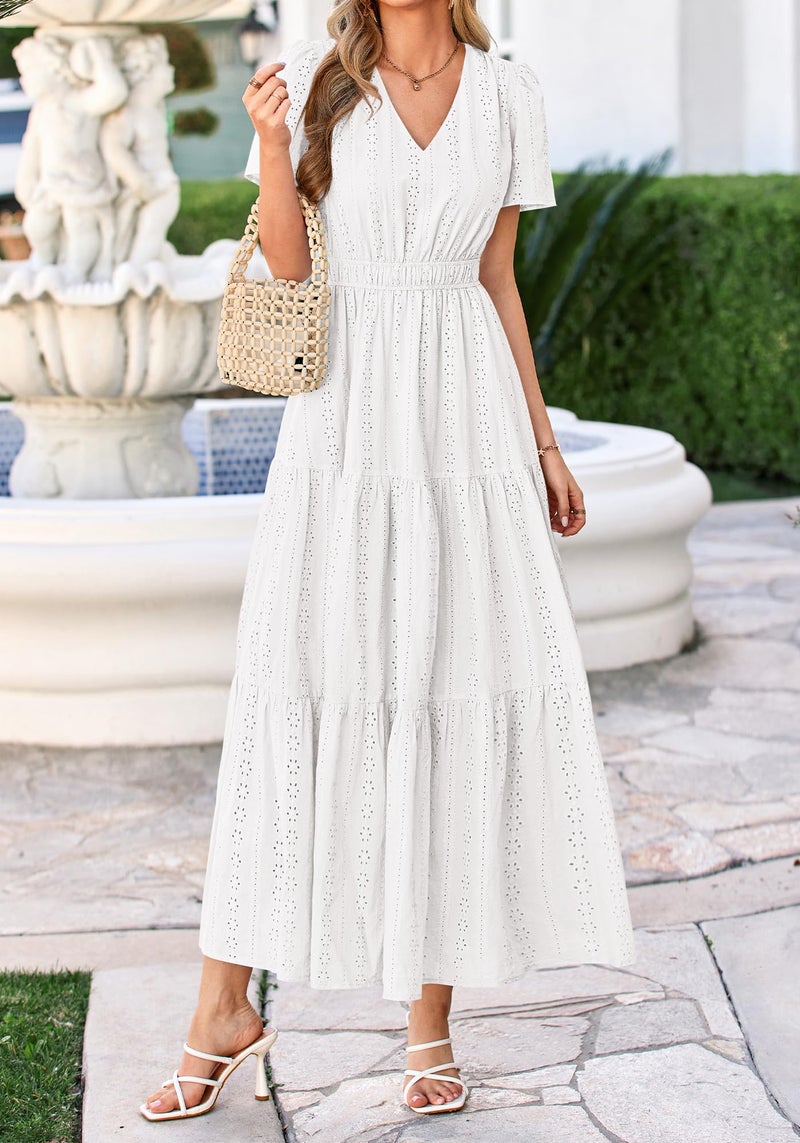 BTFBM Womens Summer Dresses 2026 V Neck Hollow Out Eyelet A Line Flowy Boho Beach Vacation Wedding Guest Maxi Dress(White, Small) - Image 5