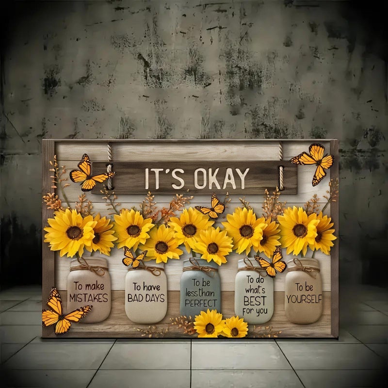 HYFBH Rustic Sunflower Vase Inspirational Quotes Canvas Painting, Framed Artwork, 16L" x 12W", Wall Mount, Living Room, Classroom, Office, Bedroom Decor - Image 1