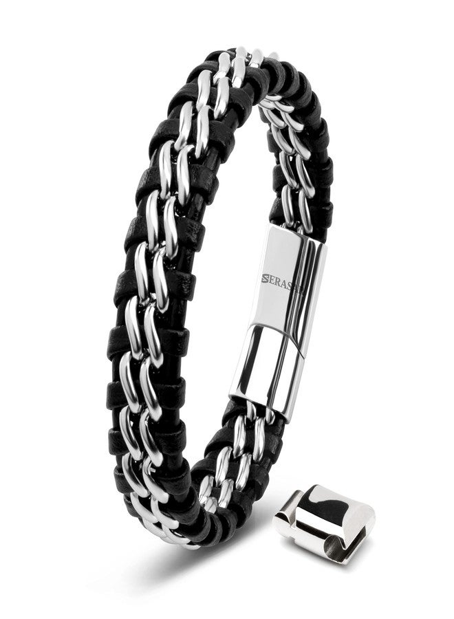 SERASAR Mens Jewellery Leather Bracelet 20cm Silver Men Gift Box Genuine Cowhide Braided Adjust Able Magnetic Clasp Multi Layer Wrap Rope Man Mans Male Boy Boys Bracelets Band Jewelry - Image 1