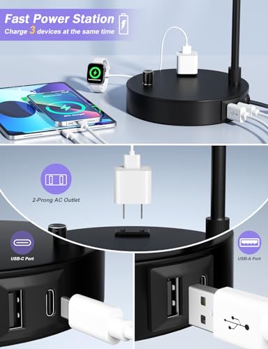 Innqoo Tall Table Lamp with USB Port and Outlet Dimmable Nightstand Bedside Lamps with Linen Lampshade Desk Lamp for Bedroom Living Room Guest Room Home Office LED Bulb Included - Image 3