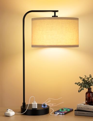 Innqoo Tall Table Lamp with USB Port and Outlet Dimmable Nightstand Bedside Lamps with Linen Lampshade Desk Lamp for Bedroom Living Room Guest Room Home Office LED Bulb Included - Image 1