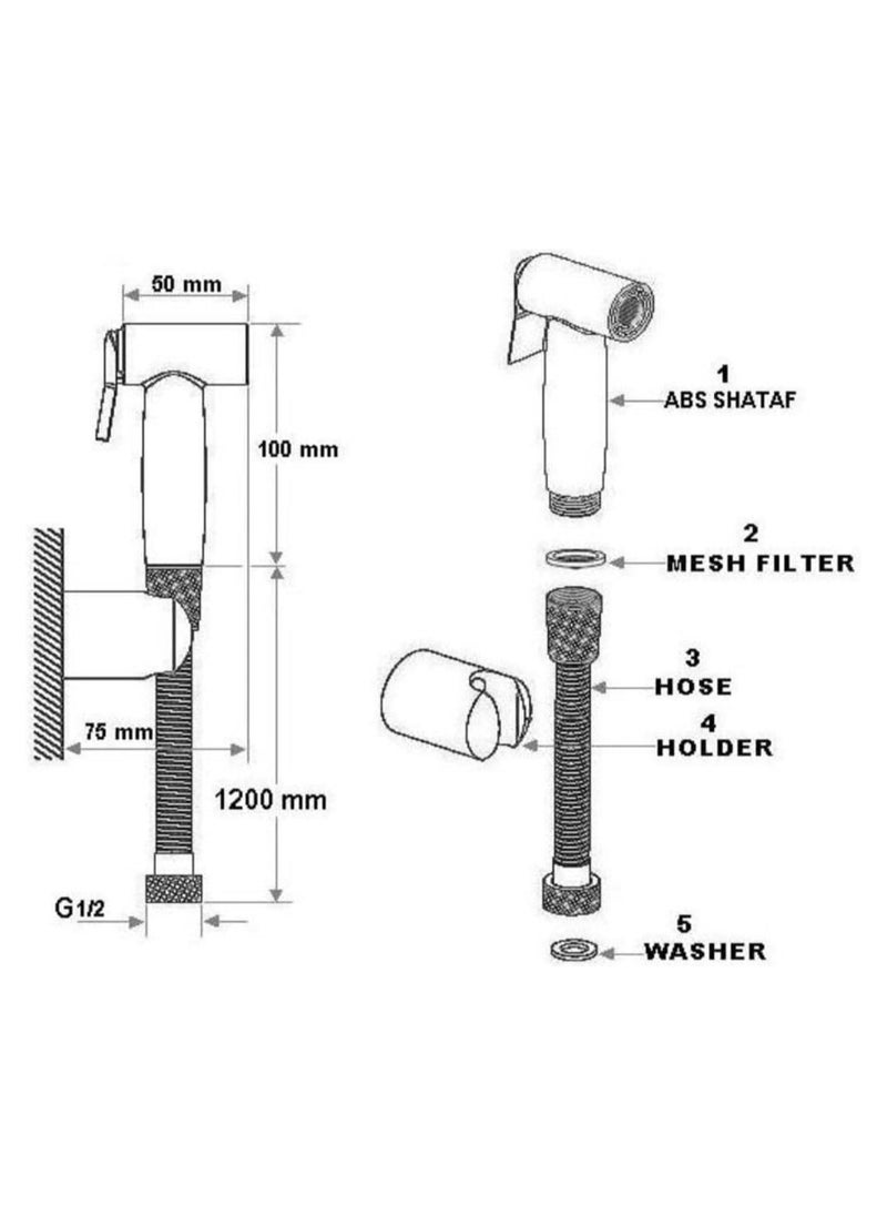 RAK CERAMICS - ABS Shattaf with Hose and Holder | Premium Wall-Mounted Shattaf Bidet Spray with Hose, Holder & Mesh Filter | High-Pressure Bidet Toilet Spray with Flow Straightener (RAK32007-09), Chrome - Image 1